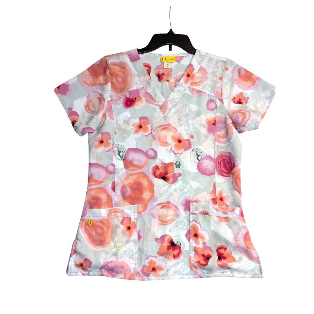 Wonderwink Womens Floral Scrub Top S Multi-Color Polyester Cotton Blend